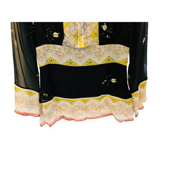 Ice Sheer Boho Black Yellow Tunic Blouse 100% Silk Made in Italy - Picture 6 of 11